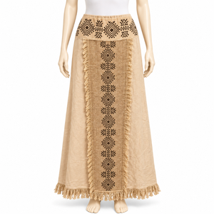 Natural Beige Artisan <b>Maxi</b> <b>Skirt</b> Ethnic <b>Prints</b> Fringe Hem Womens Boho | Lightweight Festival Beach Resort Casual Summer Clothing - Product Image 1