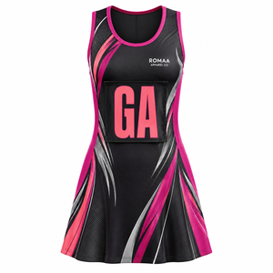 Vestido de Netball Personalizado para Mujer, Color Negro, Rosa Intenso, Coral y Plateado, Sublimado, Sin Mangas, Cuello Redondo, Uniforme de Equipo con Número de Posición - Product Image 1