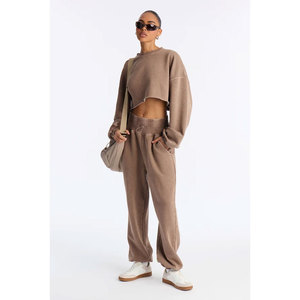 <b>Women's</b> 2 Piece Fleece Hoodie Jogger <b>Set</b> Solid Color Loose Fit Casual All Seasons Knitted Cotton Outfit - Product Image 3