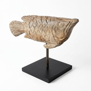 Kerapu Fish Stand Handcrafted <b>Wooden</b> Fish Sculpture <b>Rustic</b> Coastal Tabletop Decorative Artwork Metal Stand Home Decor Accent - Product Image 1