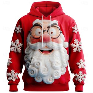 Sudadera con Capucha Roja de Santa Claus para Hombre, Estampado Puff, Informal de Invierno, Ajuste Regular, Tejido de Poliéster, con Logotipo Frontal - Product Image 1
