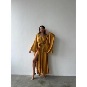 Mustard Gold Satin Kimono Maxi Robe Dress Wide Sleeves Deep V-Neck Adjustable Tie Natural Waist Washable Luxury Resort <b>Beach</b> - Product Image 1