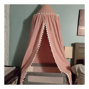 Tiny Pompom Fixed Bed Canopy For Kids Ruffle Edge Mosquito Net Round Embroidered Indoor Castle Play Tent Children Room Decors