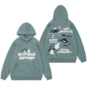 Sudadera con Capucha Verde Unisex, Estampado de Dibujos Animados, Bolsillo Frontal, Estilo Casual para Otoño, 100% Algodón Tejido, Transpirable - Product Image 1