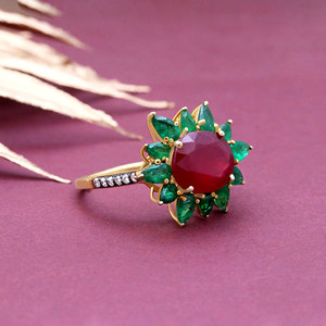 925 Sterling <b>Silver</b> Ruby <b>Emerald</b> Diamond Floral <b>Ring</b> for Women Gold Plated Oval Gemstone Statement Fine Jewelry - Product Image 2