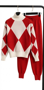 Women's Argyle Knit <b>Sweater</b> Set <b>Turtleneck</b> Long Sleeve Loose Fit Casual Wool Two Piece Winter Wear - Product Image 4