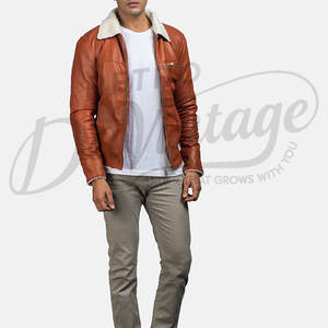 Chaqueta de Cuero Marrón para Hombre de Primera Calidad con Cuello de Piel Sintética Blanca, Chaqueta Bomber Cálida para Invierno, Corte Ajustado, Ropa Exterior de Cuero Informal - Product Image 3