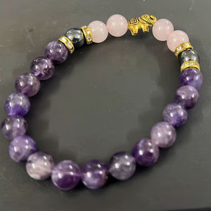 Bracelet en améthyste et quartz rose en forme d'éléphant pour femmes |   Bijoux porte-bonheur faits à la main en perles de cristal naturelles pour la guérison | - Product Image 1