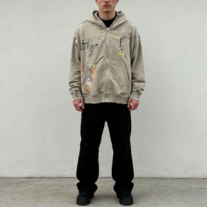 Vintage Distressed Zip Up Hoodie Oversized Washed Streetwear Sweatshirt for Men Women - Product Image 5