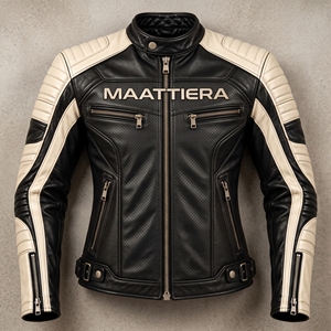 Veste pour homme noire, aspect cuir, col montant, panneaux perforés, manches matelassées, poches zippées, style moto personnalisé - Product Image 5