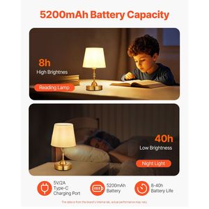 Lampada da Tavolo Cordless 5200mAh con Paralume in Tessuto, 3 Livelli di Luminosità, Colore 2700-3000K, Batteria Ricaricabile Integrata, Piccola Lampada da Scrivania - Product Image 4