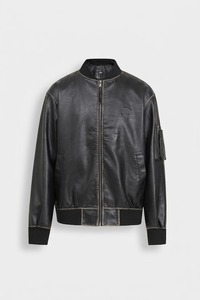 Chaqueta Bomber Acolchada de Cuero Ecológico Negro para Hombre, Cuello Alto, Cierre de Cremallera, Logotipo Frontal, Estilo Moto, Corte Regular, Invierno - Product Image 6