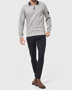 Men's Gray Quarter Zip Knitted Pullover Sweatshirt Regular Fit Turn-down Collar Casual Autumn Wear Solid Color Left Sleeve Logo - Product Image 2