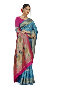 Sari Tradicional Indio de Seda Azul y Rosa con Motivo de Pavo Real para Bodas y Fiestas - Product Image 1