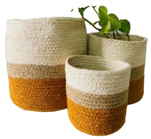 Juego de Macetas Tejidas a Mano Hechas en BD, Cesta Redonda Rústica con Rayas Amarillas y Marrones, Estilo Bohemio, Maceta para Interiores - Product Image 2