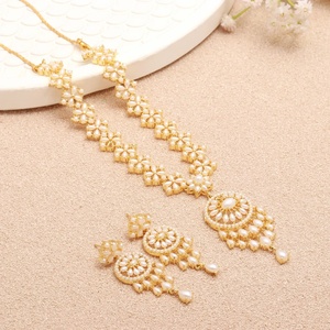 Vintage Pearl <b>Necklace</b> Set Oval White Pearl Jewelry 22K Gold Plated Traditional Indian Bridal Wedding <b>Necklace</b> Earrings <b>Ruby</b> - Product Image 3