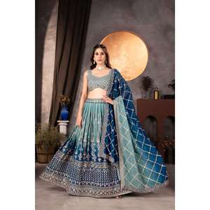 ออกแบบ Georgette เย็บปักถักร้อยทำงาน lehenga choli กับ dupatta สีฟ้า - Product Image 1