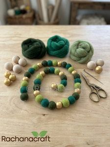 Handmade Wool Felt <b>Ball</b> Garland Green & Gold Pom Pom <b>String</b> Eco-Friendly Holiday & Nursery Decor 100% New Zealand Wool - Product Image 3