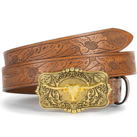 Cinturón de Cuero Vaquero para Hombre, Duradero y Versátil, de Cuero Flor Entera, con Hebilla de Latón con Diseño de Cuerno de Toro, Cinturón de Cuero Repujado