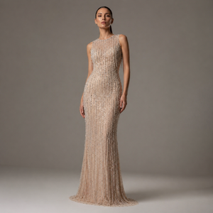 Robe de soirée sirène luxueuse en perles couleur nude |   Robe de soirée longue sans manches ornée de détails |   Fournisseur en gros de marques privées OEM en Inde - Product Image 1