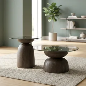 Modern Round <b>Side</b> <b>Table</b> With <b>Glass</b> Top And Wooden Base Handmade Living Room Furniture - Product Image 5