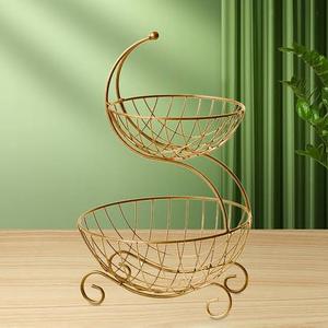 Panier de rangement moderne à double niveau en métal, design fil doré, sur pied, pour salon - Product Image 1