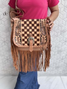 Bolso de mano con flecos para mujer, tallado a mano, de cuero, estilo gitano bohemio, hecho a mano, de cuero auténtico, estilo occidental, multiusos. - Product Image 4