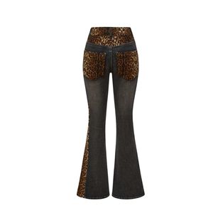 Custom Women Leopard Print Trim Flare Jeans Dark Wash Seam Detail High Waist Denim Pants Vintage Y2K Streetwear <b>Trousers</b> - Product Image 2