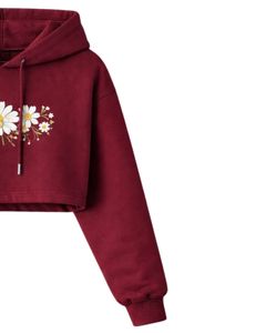 Women <b>Burgundy</b> Crop <b>Hoodie</b> Shorts Set Floral Embroidery Casual Two Piece Outfit Cotton Fleece Lounge Wear Wholesale Manufacturer - Product Image 2
