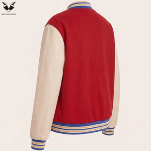 เสื้อแจ็คเก็ตวาร์ซิตี้สำหรับผู้หญิง สีแดงและครีม แขนยาว แต่งขอบยางยืดตัดกัน กระดุมแป๊กด้านหน้า สไตล์ลำลอง ใส่ได้ในฤดูใบไม้ร่วง ทรงปกติ - Product Image 3