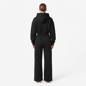 Ensemble sweat à capuche court noir et pantalon de jogging large pour femme, manches longues, 100 % coton molletonné, coupe décontractée - Product Image 4