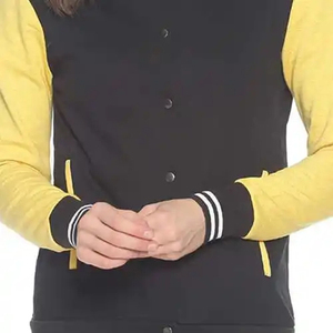 Unisex Varsity Jacket Black Yellow Color Blocking Regular Fit Turn-down Collar <b>Button</b> Closure Casual Autumn Wear - Product Image 3