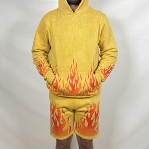 Ensemble sweat à capuche et short graphique personnalisé pour homme, imprimé flamme jaune, rouge, orange, sweat à capuche et short à taille élastique, ensemble deux pièces, vente en gros OEM - Product Image 3