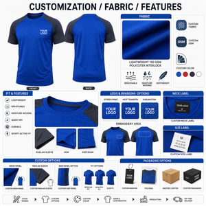 Custom Logo Men's <b>Raglan</b> <b>Sleeve</b> <b>T</b>-<b>Shirt</b> Blue with Dark Gray <b>Sleeves</b> Quick Dry Sporty Fit Regular Length O-Neck Knitted Polyester - Product Image 4