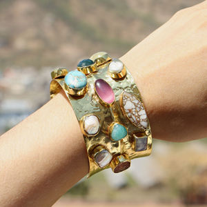 Bold statement jewelry multi color gemstone wide cuff <b>bracelet</b> brass 18k gold plated adjustable closure hammered cuff for women - Product Image 4
