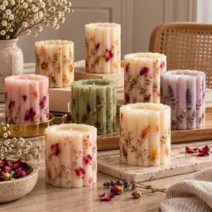 Floral Pillar <b>Candle</b> Handmade Decorative Scented Wax <b>Candle</b> with Dried <b>Flowers</b> Rose Petals Botanical Embellishment Scalloped - Product Image 5