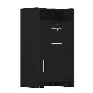 Carrello da Salone Nero a 3 Livelli con Cassettiera in Legno su Ruote, Attrezzatura per Spa e Serratura - Product Image 2