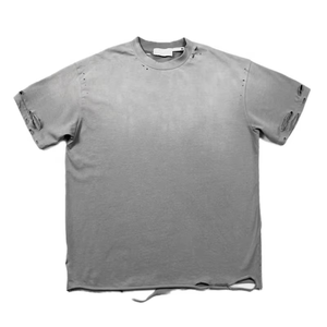 Mens Acid Wash Distressed 100% Cotton Jersey Front T Shirt Heavyweight Oversized Ripped Vintage Streetwear OEM - Product Image 3