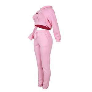 Women's <b>Pink</b> 2 Piece Hooded Crop Sweatshirt And Jogger <b>Set</b> Solid Color Fleece Casual <b>Tracksuit</b> Full Sleeve Regular Fit Women <b>set</b> - Product Image 4