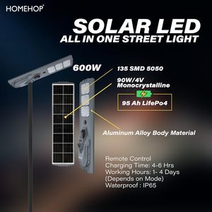 Lampe solaire de rue Homehop, étanche, 600W, avec détecteur de mouvement, 135 LED, télécommande, blanc froid, aluminium - Product Image 2