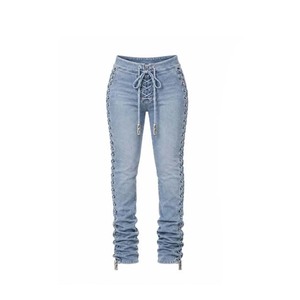 Jeans de Mujer, Corte Recto, Cintura Alta, con Cordones, Lavado Claro, Elegantes - Product Image 3