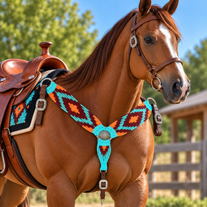 Collier de poitrail pour cheval western personnalisé, motif Navajo perlé, cuir et laine, modèle CUSTOMISE, tailles FULL/COB, fabriqué en Inde - Product Image 3