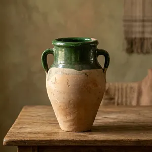 Jarrón de Cerámica de Terracota Verde Glaseado Estilo Vintage con Asas, Decoración Rústica Mediterránea para el Hogar - Product Image 3