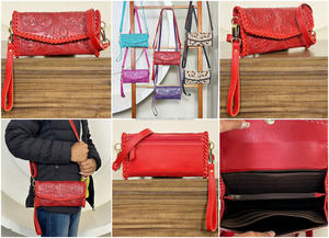 Cartera Cruzada de Cuero Genuino Hecha a Mano para Mujer, con Grabado Floral, Ranuras para Tarjetas, Correa de Muñeca y Bolsillo con Cremallera - Product Image 3