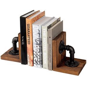 Industrial Pipe <b>Bookends</b> Rustic Solid Wood Heavy Duty Metal Pipe Book Ends Vintage Farmhouse Bookshelf Organizer Decorative Book - Product Image 1