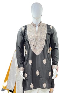 <b>Men's</b> <b>Black</b> Silk <b>Kurta</b> With Gold Embroidery V-Neck Traditional Wedding Wear India Pakistan Regular Fit Adult - Product Image 4
