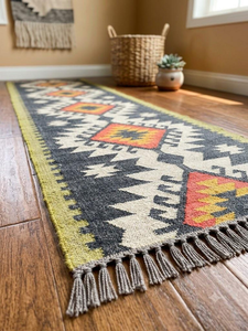 Southwestern Charcoal Cream Mustard Red Wool Jute <b>Runner</b> <b>Rug</b> Handwoven Geometric Kilim Boho Farmhouse Hallway Long <b>Runner</b> - Product Image 2