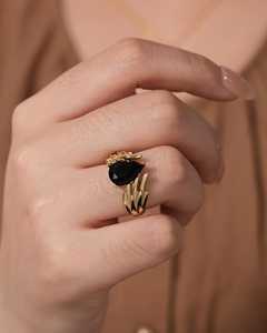 Black Onyx Flame Gold <b>Statement</b> Unique Sculptural Fire Design Bold Gothic Minimalist Handmade Luxury Gemstone <b>Ring</b> for Women - Product Image 2