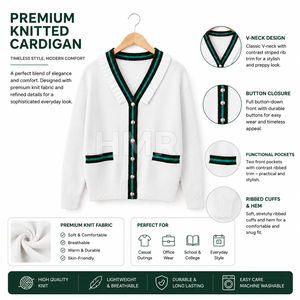 Cárdigan Blanco de Punto Acrílico HMR para Hermandad, Cuello en V, Manga Larga, Estilo Preppy, Botones en Color de Contraste - Product Image 6