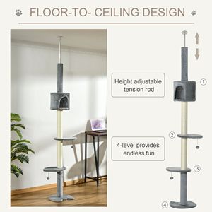 Centro Attività per Gatti a 4 Livelli, Regolabile da Pavimento a Soffitto, 217 cm, con Cuccia, Giocattoli e Tiragraffi Sospeso - Product Image 4